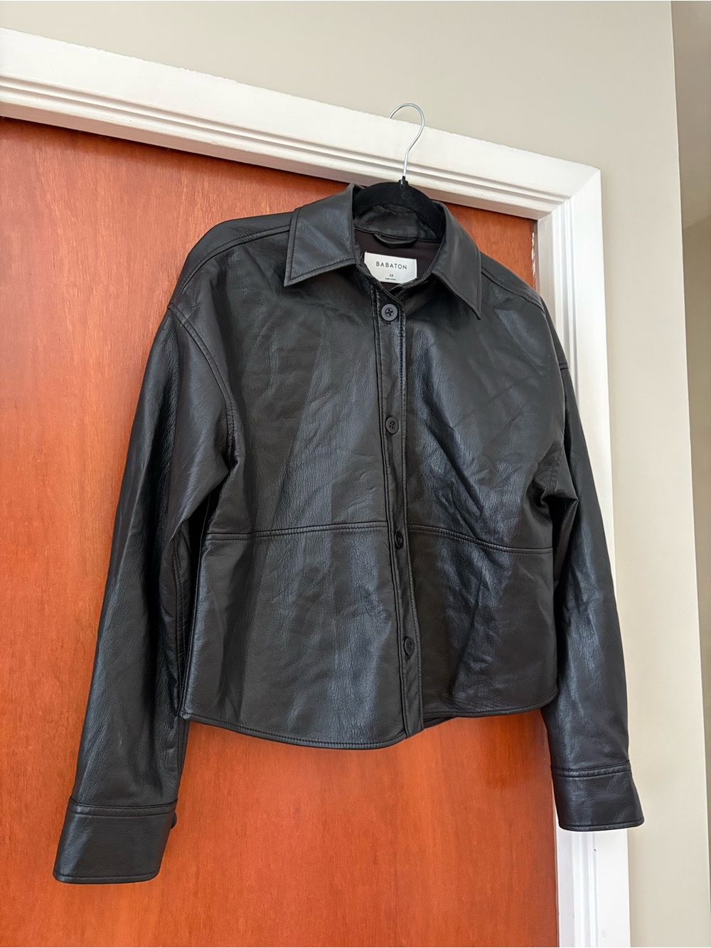 Babaton Black Cropped Leather Button-Front Jacket